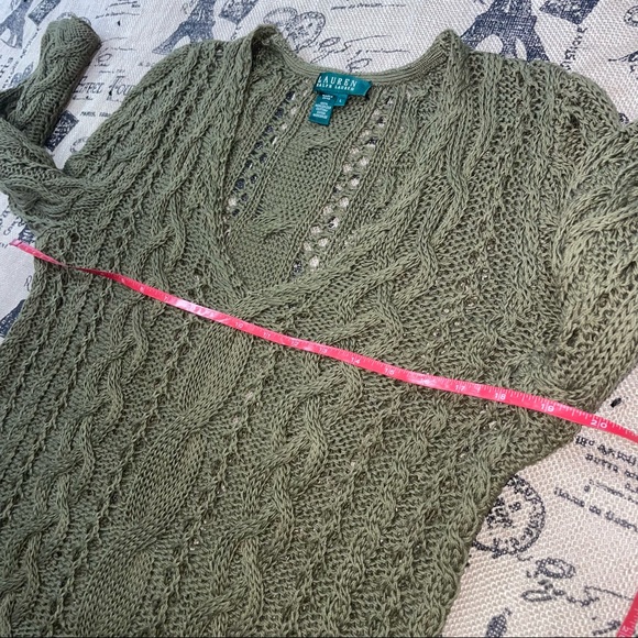 Lauren Ralph Lauren Olive Green Mercerized Cotton Crochet Eyelet V Neck Sweater - Picture 11 of 13